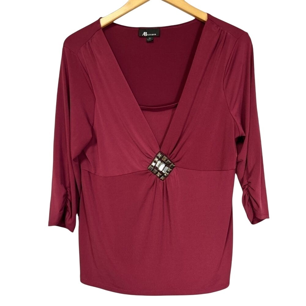 AB Studio‎ Womens XL Burgundy V-Neck Rhinestone Accent 3/4 Sleeve Blouse Top